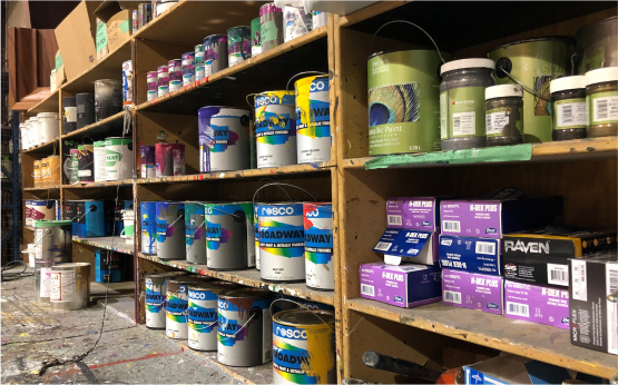 Paint cans on shelves